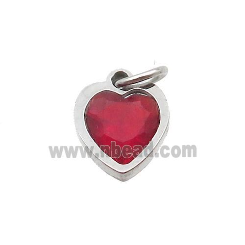 Raw Stainless Steel Heart Pendant Pave Red Zircon