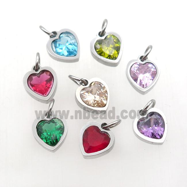 Raw Stainless Steel Heart Pendant Pave Zircon Mixed