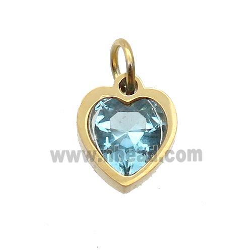 Stainless Steel Heart Pendant Pave Aqua Zircon Gold Plated
