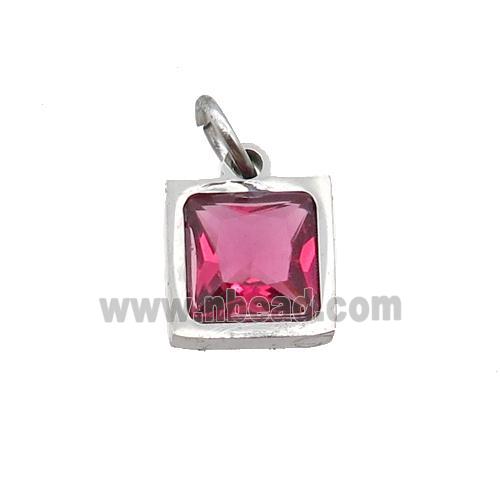Raw Stainless Steel Square Pendant Pave Red Zircon