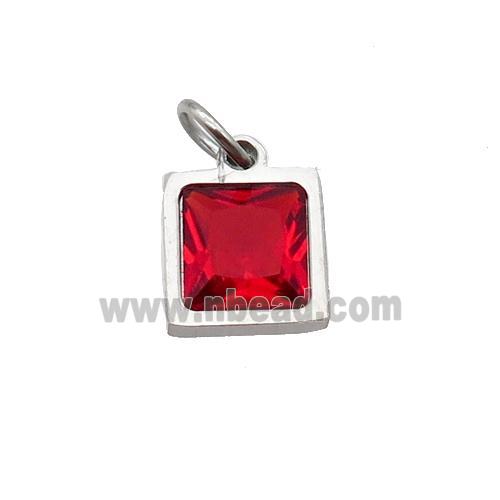 Raw Stainless Steel Square Pendant Pave Red Zircon
