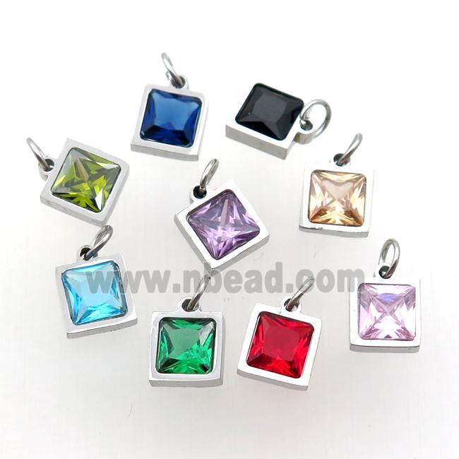 Raw Stainless Steel Square Pendant Pave Zircon Mixed