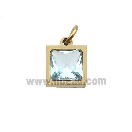 Stainless Steel Square Pendant Pave Aqua Zircon Gold Plated
