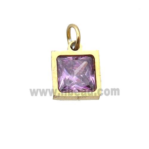 Stainless Steel Square Pendant Pave Purple Zircon Gold Plated