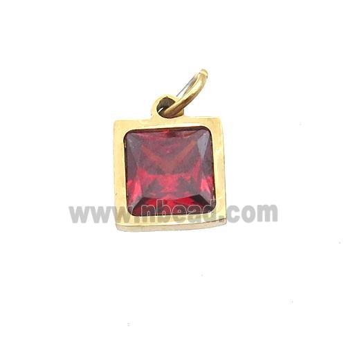 Stainless Steel Square Pendant Pave Red Zircon Gold Plated
