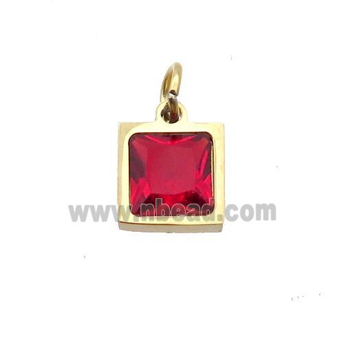 Stainless Steel Square Pendant Pave Red Zircon Gold Plated