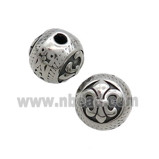 Stainless Steel Round Beads Fleur-de-lis Antique Silver