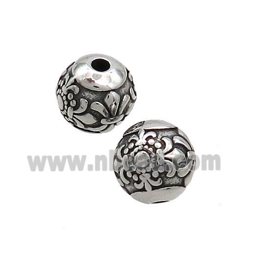 Stainless Steel Beads Round Fleur-de-lis Antique Silver