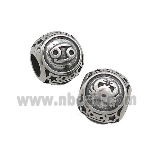 Stainless Steel Round Beads Zodiac Cancer Antique Silver