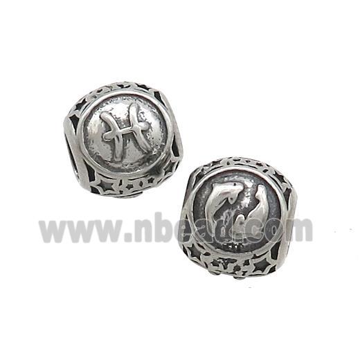 Stainless Steel Round Beads Zodiac Pisces Antique Silver