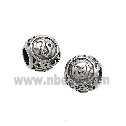 Stainless Steel Round Beads Zodiac Leo Antique Silver