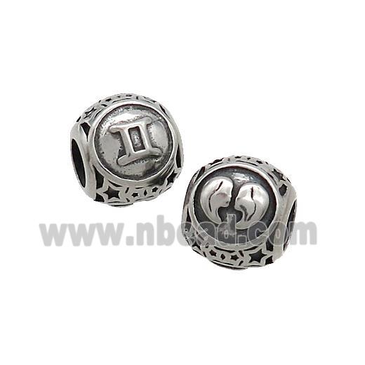 Stainless Steel Round Beads Zodiac Gemini Antique Silver