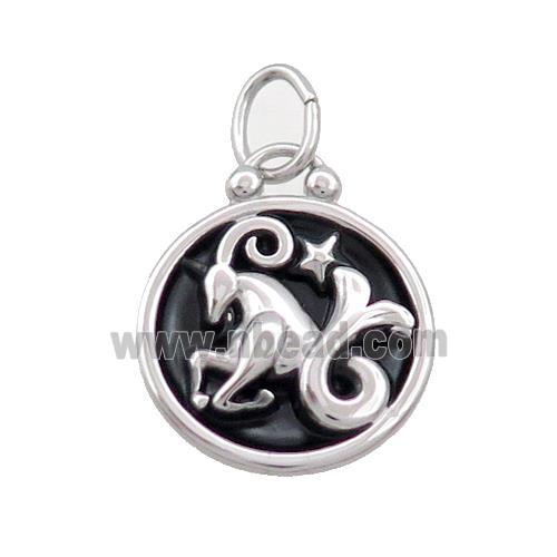 Raw Stainless Steel Capricorn Zodiac Charms Pendant Circle Black Enamel