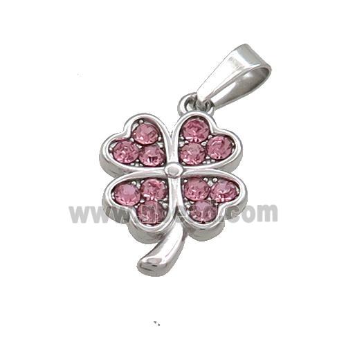 Raw Stainless Steel Clover Charms Pendant Pave Pink Rhinestone
