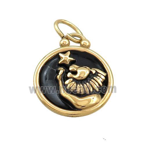 Stainless Steel Leo Zodiac Charms Pendant Circle Black Enamel Gold Plated