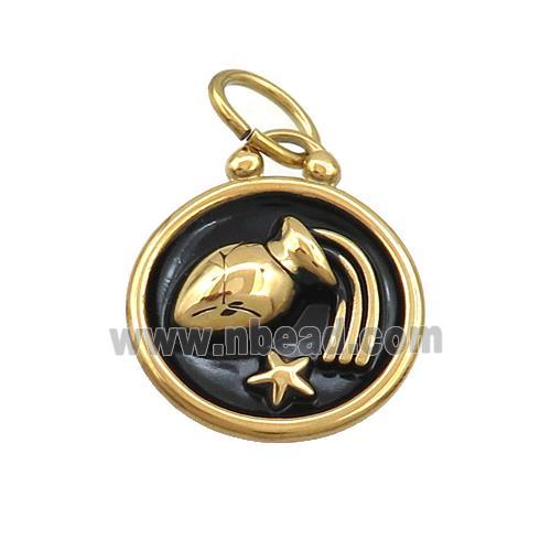 Stainless Steel Aquarius Zodiac Charms Pendant Circle Black Enamel Gold Plated