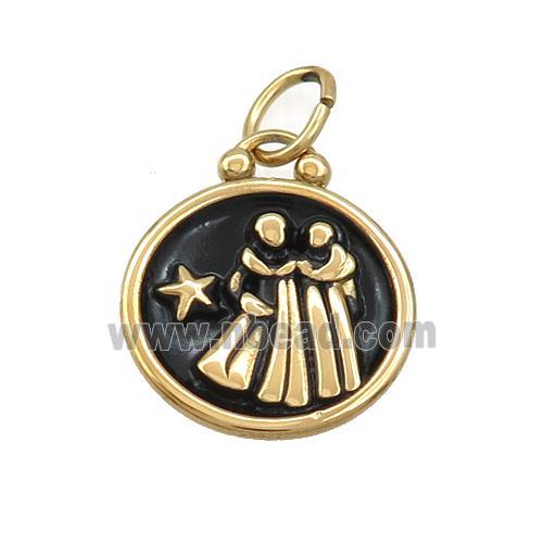 Stainless Steel Gemini Zodiac Charms Pendant Circle Black Enamel Gold Plated