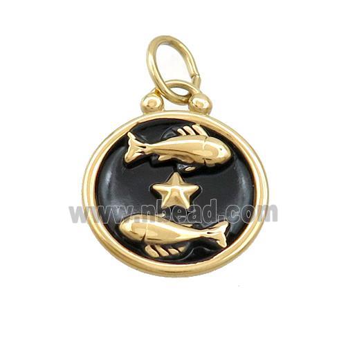 Stainless Steel Pisces Zodiac Charms Pendant Circle Black Enamel Gold Plated