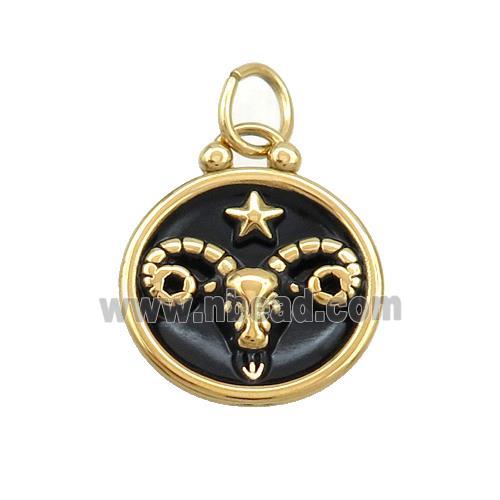 Stainless Steel Aries Zodiac Charms Pendant Circle Black Enamel Gold Plated