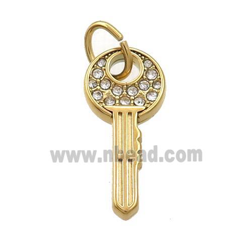 Stainless Steel Key Charms Pendant Pave Rhinestone Gold Plated