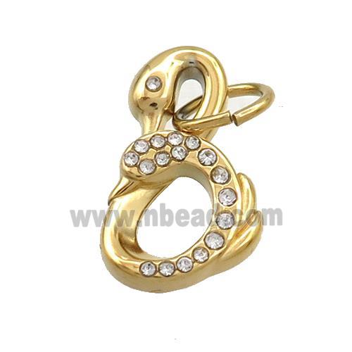 Stainless Steel Swan Pendant Pave Rhinestone Gold Plated