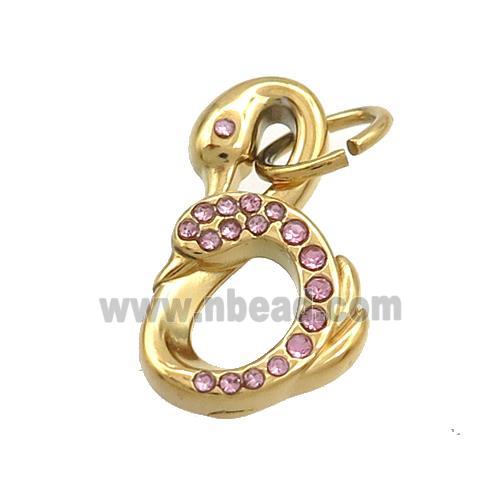 Stainless Steel Swan Pendant Pave Pink Rhinestone Gold Plated