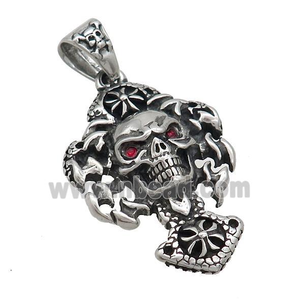 Stainless Steel Skull Pendant Pave Rhinestone Antique Silver