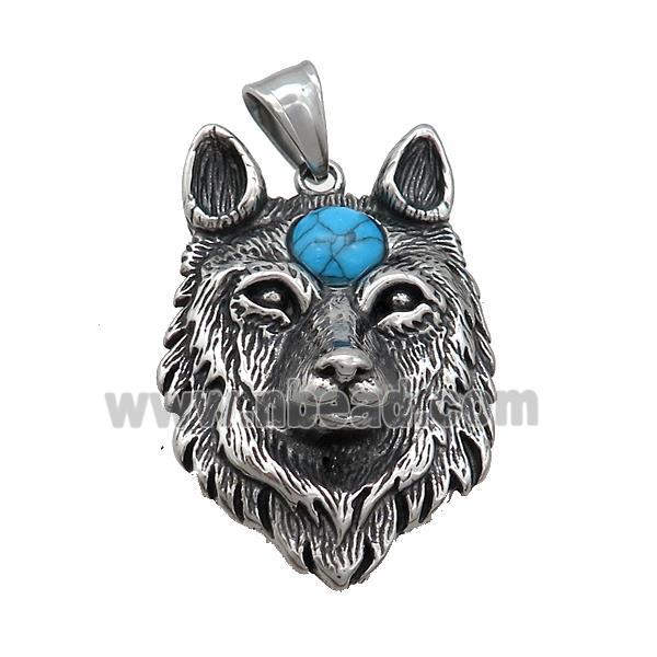 Stainless Steel Wolf Charms Pendant Pave Turquoise Antique Silver