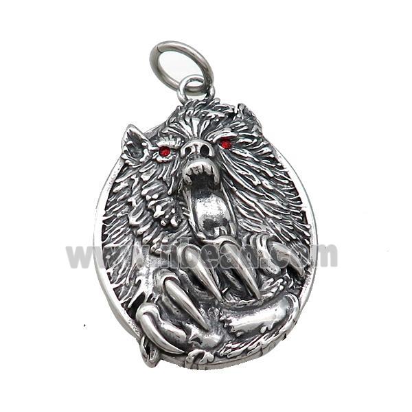 Stainless Steel Wolf Charms Pendant Pave Rhinestone Antique Silver