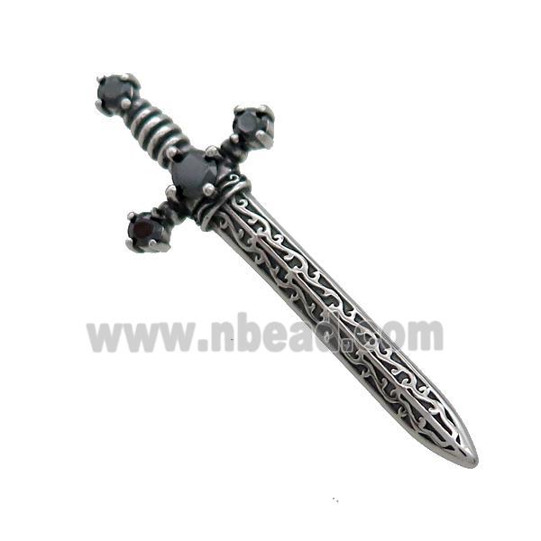 Stainless Steel Cross Pendant Pave Rhinestone Sword Antique Silver