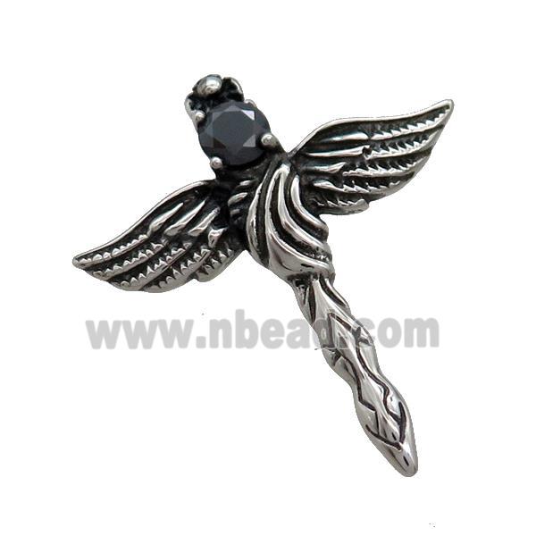 Stainless Steel Cross Pendant Pave Rhinestone Angel Wings Antique Silver