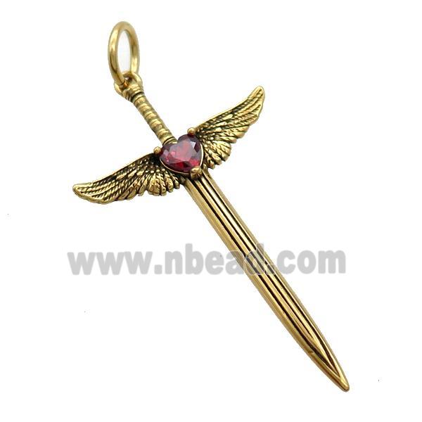 Stainless Steel Cross Pendant Pave Rhinestone Angel Wings Antique Gold