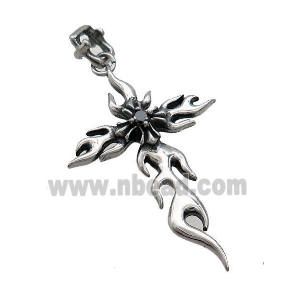 Stainless Steel Cross Pendant Pave Rhinestone Antique Silver
