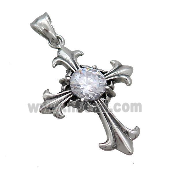 Stainless Steel Cross Pendant Pave Rhinestone Antique Silver