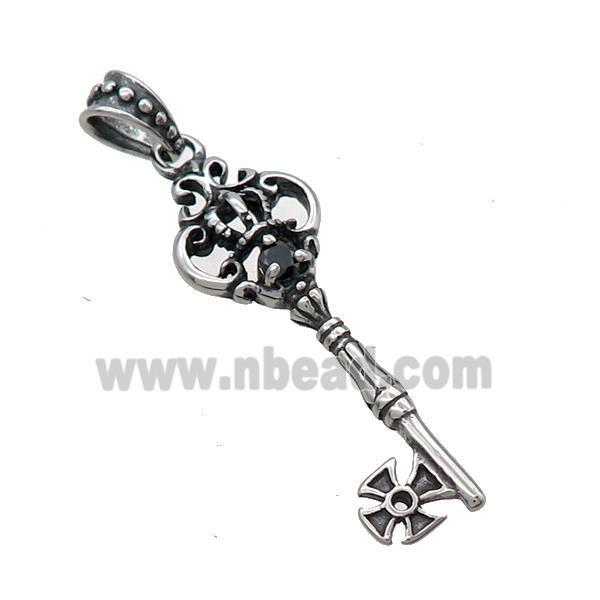Stainless Steel Key Charms Pendant Pave Rhinestone Antique Silver