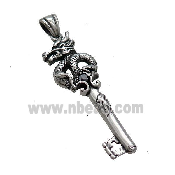 Stainless Steel Key Pendant Dragon Antique Silver