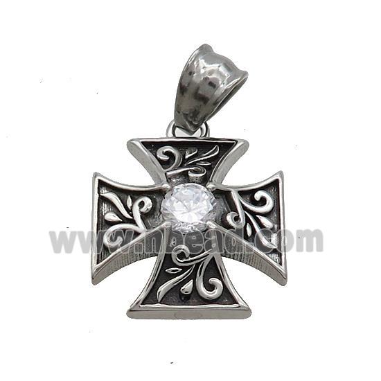 Stainless Steel Cross Charms Pendant Pave Rhinestone Antique Silver