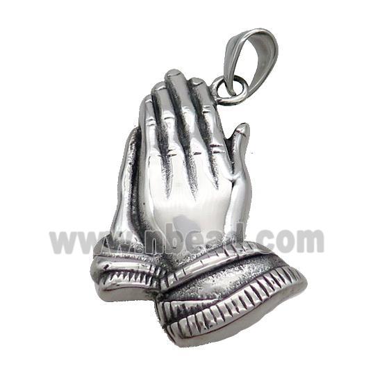Stainless Steel Praying Hands Pendant Buddhist Antique Silver