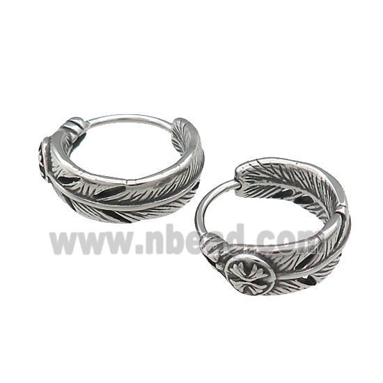 Stainless Steel Hoop Earrings Feather Antique Silver