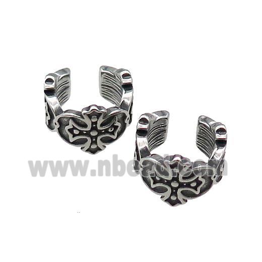 Stainless Steel Clip Earrings Cross Antique Silver