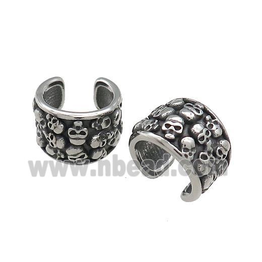 Stainless Steel Clip Earrings Skull Halloween Cuff Antique Silver