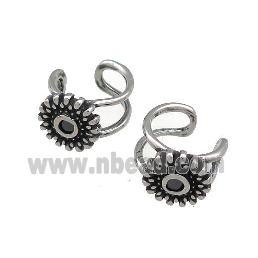 Stainless Steel Clip Earrings Flower Antique Silver