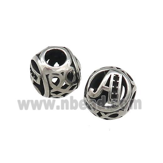 Titanium Steel Round Beads Letter-A Large Hole Hollow Antique Silver