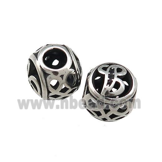 Titanium Steel Round Beads Letter-B Large Hole Hollow Antique Silver