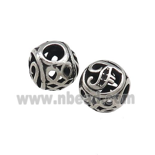 Titanium Steel Round Beads Letter-F Large Hole Hollow Antique Silver