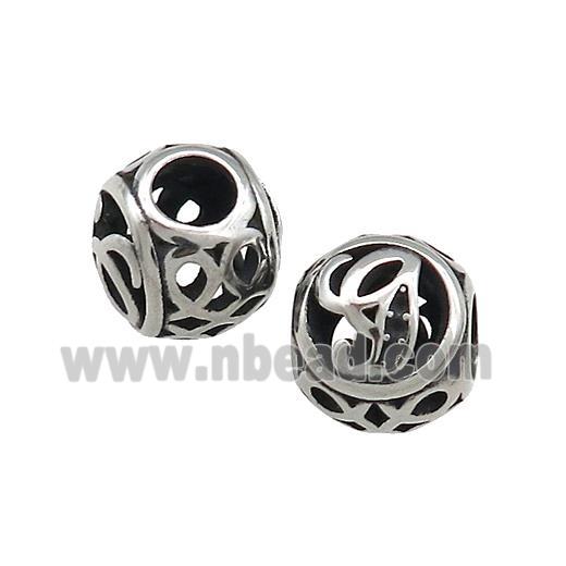 Titanium Steel Round Beads Letter-G Large Hole Hollow Antique Silver