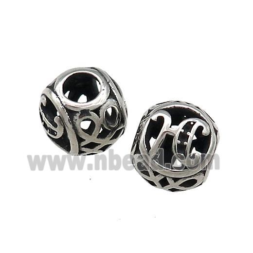 Titanium Steel Round Beads Letter-H Large Hole Hollow Antique Silver