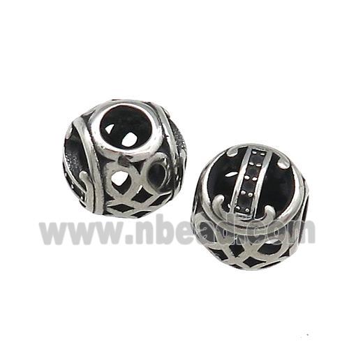 Titanium Steel Round Beads Letter-I Large Hole Hollow Antique Silver