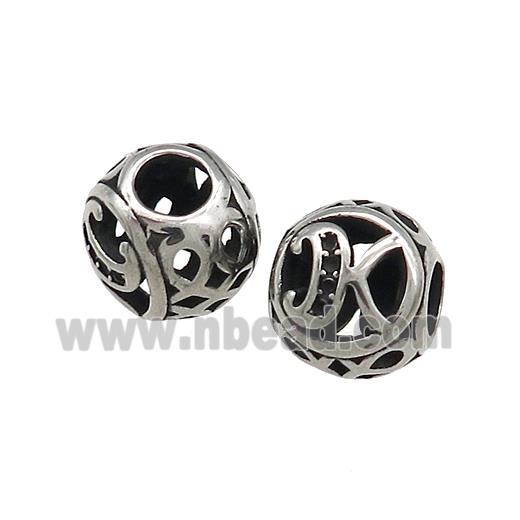 Titanium Steel Round Beads Letter-K Large Hole Hollow Antique Silver