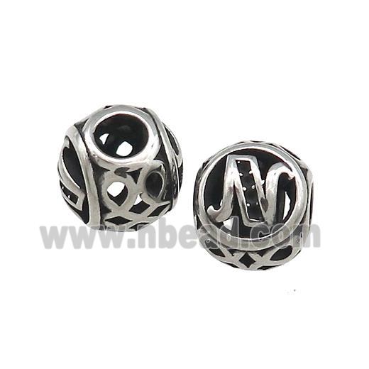 Titanium Steel Round Beads Letter-N Large Hole Hollow Antique Silver